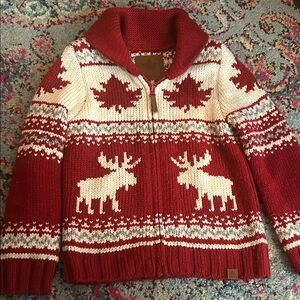 Canadiana knit shawl collar zippered cardigan sweater moose maple leaf‎ k7045